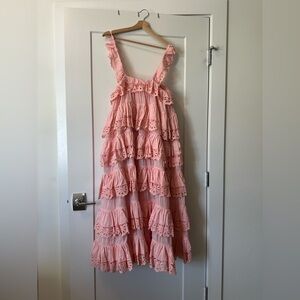 Innika Choo Schiffli Scallop Frill Maxi Dress In Pink